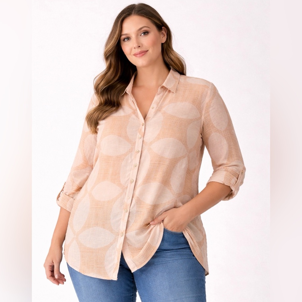 Joie Long sleeve Tunic Top Peach Color Blouse Size L 100% Linen Geographic EUC
